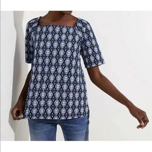 LOFT Blue Diamond Jacquard Square Neck Top Medium